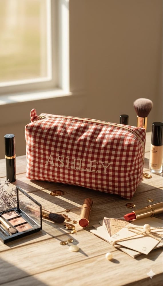 customized travel makeup bag Personalized Embroidered Gingham Makeup Bag: Custom Travel Pouch