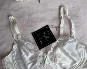 Lencería vintage René Bartan, satén y encaje, sujetador blanco talla 90B/34B - modelo Caresse - nuevo sin usar.