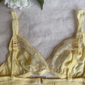 May include: A pale yellow triangle bra with adjustable straps and a hook-and-eye closure. The bra features delicate lace detailing along the neckline and a sheer, embroidered panel in the center. The bra is made of a soft, silky material.