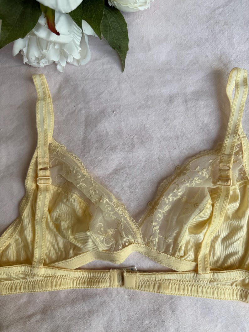 May include: A pale yellow triangle bra with adjustable straps and a hook-and-eye closure. The bra features delicate lace detailing along the neckline and a sheer, embroidered panel in the center. The bra is made of a soft, silky material.