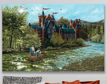 Scottish Castle with Clans Frazier and Mackenzie giclee wall art print, near loch ness & beauly river scotland highlands falcon hunting lass