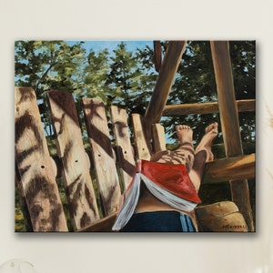 May include: A painting of a person lying on a wooden structure with their legs in the air. The person is wearing a red shirt and blue shorts. The background is a wooden fence and green trees.