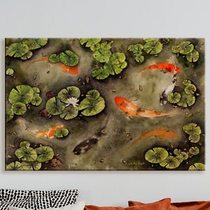 Koi Fish Under Waterlilies and lilypads giclee artwork print in peacefully calm green pond with koi swimming in an infinity sign pattern