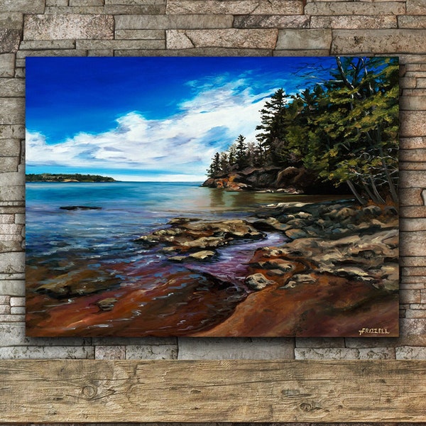 Lake Superior Waves on Lakeshore artwork giclee wall art print, Burlington Bay rocky beach, Two Harbors, North Shore Minnesota near Duluth