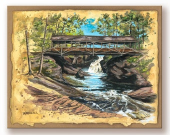 Horton Covered Bridge at Amnicon Falls, Wisconsin Giclee Wall Art Print, Vintage sketchbook style watercolor pen & ink sketch of waterfall
