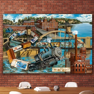 May include: A vintage-style illustration of a train carrying barrels of beer, with a brick building and a bridge in the background. The text "Southside Brewing Co." is visible in the lower right corner.