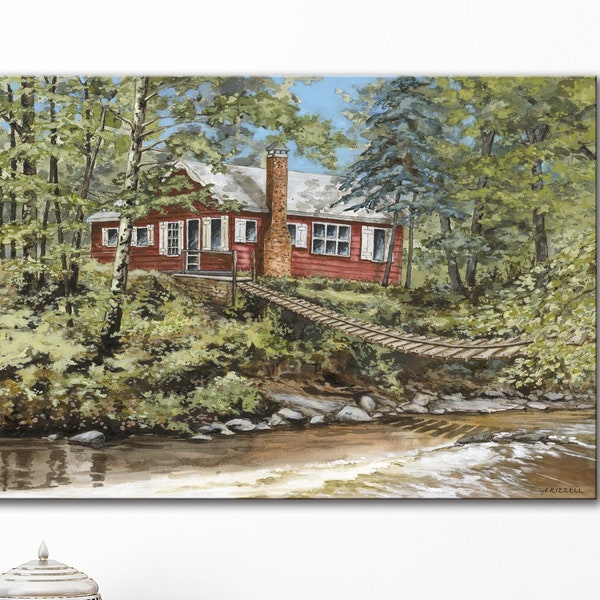 Antique Wisconsin Cabin giclee wall art print, Vintage Davis cabin & wooden suspension bridge on the Trade River, preacher's cottage 1800's