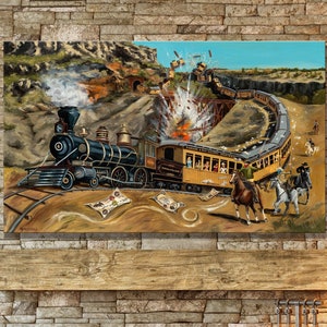 May include: A vintage-style painting of a train wreck. A steam locomotive and train cars are derailed and scattered across a rocky landscape.  The train is labeled "Denver & Rio Grande Railroad".  Several cowboys on horseback are riding away from the scene.