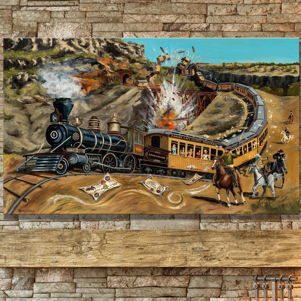 Old West Steam Locomotive Train Robbery Giclee Wall Art Print, with cowboys, damsels, flying antique money and huge trestle bridge explosion