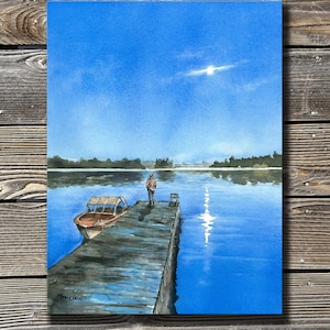 May include: A watercolor painting of a wooden dock extending into a calm lake. A lone figure stands at the end of the dock, looking out at the water. A small boat is tied to the dock. The sky is a bright blue with a few clouds and a bright sun shining through.