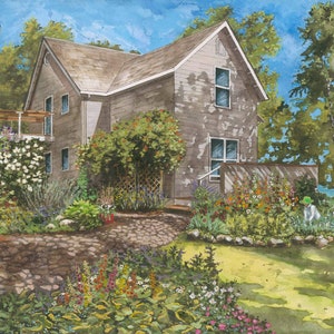 May include: A watercolor painting of a gray house with a stone path leading to the front door. The house is surrounded by lush green trees and flowers. A person is gardening in the front yard.