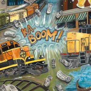 May include: A colorful painting of two trains colliding with a large "KA-BOOM!" sound effect. The trains are on a track with newspapers scattered around them. The background includes a building with a sign that says "The Loon Cafe".