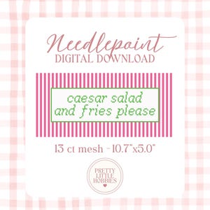 May include: A digital needlepoint pattern download featuring the text 'caesar salad and fries please' in green pixelated font on a pink and white striped background. The design includes the text '13 ct mesh - 10.7"x5.0"' and a logo.