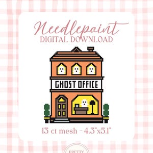 May include: A pixel art needlepoint digital download pattern featuring a two-story orange building labeled GHOST OFFICE. The design includes three ghosts in upper windows, one ghost at a desk, and text stating 13 ct mesh - 4.3"x5.1".