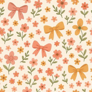 Bows and Flowers Seamless Pattern, Digital Download, Cute Vintage Fabric Design, Baby Clothes and Accessories, Scrapbook n Craft Pattern