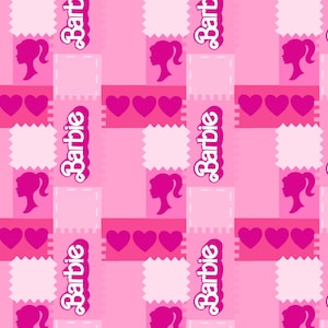 May include: A repeating pattern in shades of pink, featuring the word "Barbie" in a script font, silhouettes of a woman's profile, and heart shapes. The design is repeated across the image.
