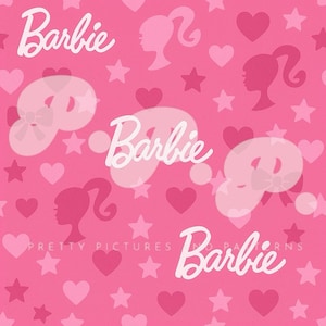 May include: A pink pattern with the word "Barbie" in white script, alongside silhouettes, hearts, and stars. The design includes a repeating pattern of Barbie's silhouette, bows, and stars.