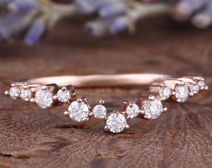 Featured listing image: Vintage Diamond wedding band Rose gold Dainty Round cut moissanite Curved ring Unique Crown Bridal band Promise Anniversary ring women