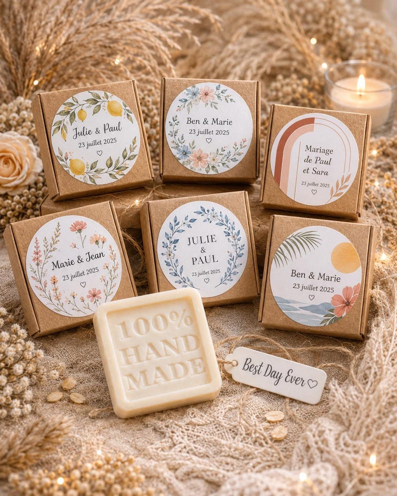 Savon personnalisé mariage – Cadeau invité artisanal avec étiquette couleur