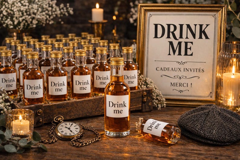Mini bouteille « Drink Me » – Cadeau invité vintage personnalisé