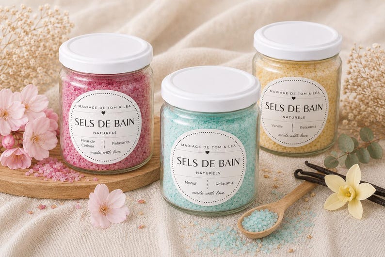 Sels de bain personnalisés – Cadeau invités mariage en pot verre