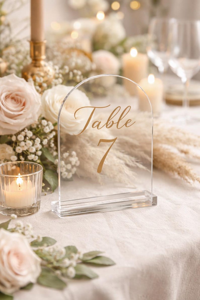 Numéro de table acrylique transparent – Forme arche bohème chic
