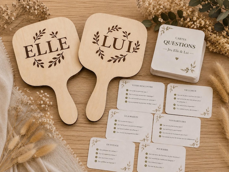 Jeu de mariage en bois – Panneaux double-face « Moi, Elle, Lui »