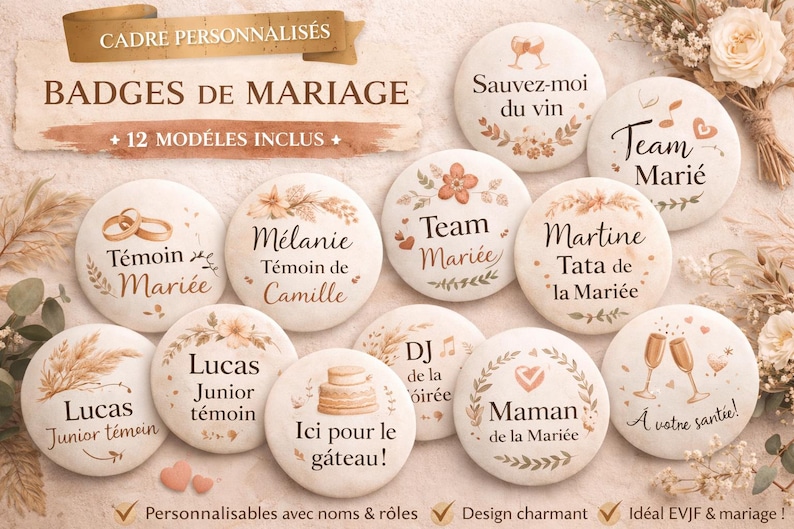 Lot de 5 badges de mariage personnalisés – Team Bride & témoins
