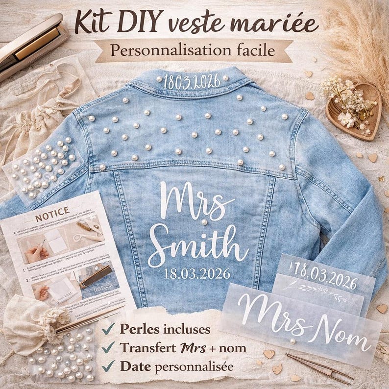 Kit veste de mariée DIY – Transfert Mrs. + perles à clip