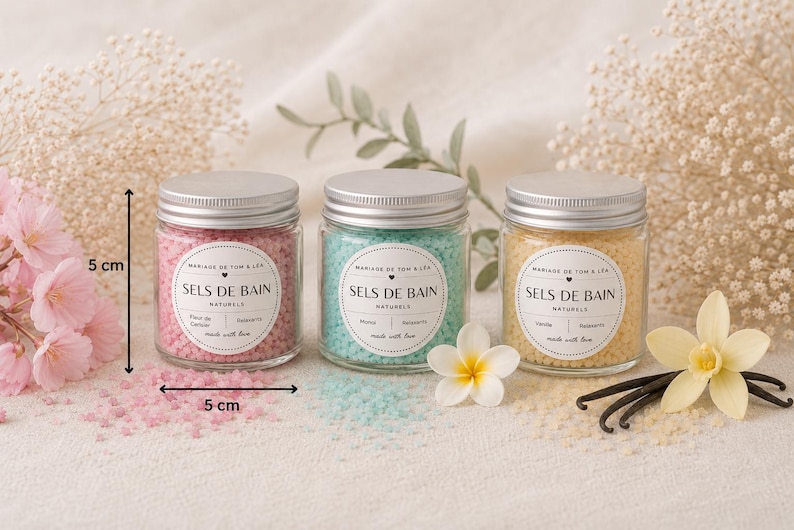 Sels de bain mariage – Mini pots spa avec étiquette personnalisée