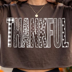 Può includere: Una felpa a maniche lunghe marrone scuro con la parola THANKFUL stampata in grandi lettere bianche. Ogni lettera presenta un motivo unico, tra cui quadri, tralci floreali, stampa leopardata, pois, margherite, forme geometriche e onde.