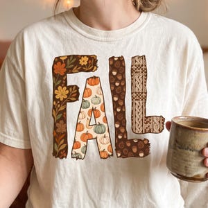 Herfst patchwork letters PNG, gezellig herfstontwerp met pompoen en dennenappel, sublimatieprint met bloemenmotief, gebreid woordkunst, digitale download
