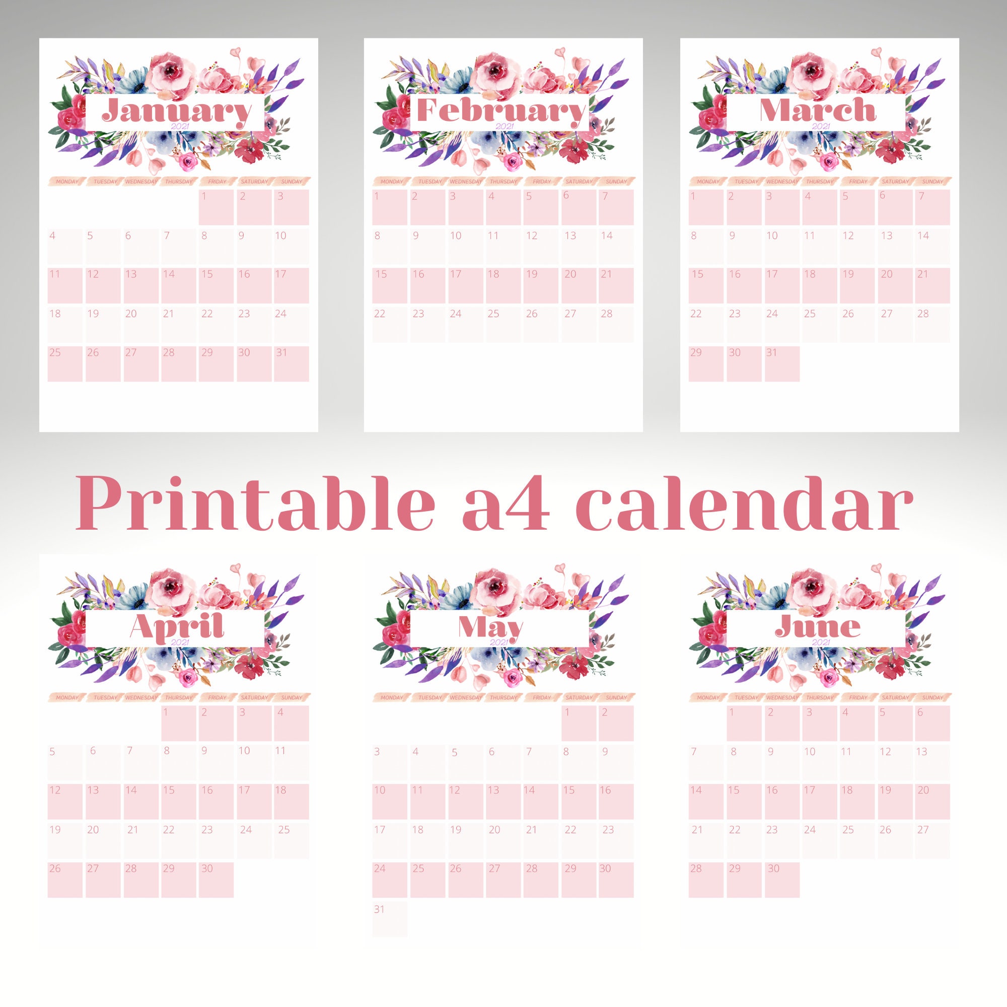 Printable blank floral calendar digital download Etsy