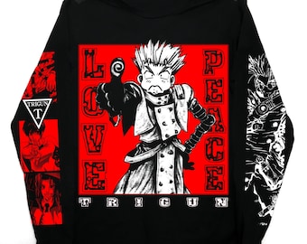 May include: Black long-sleeve shirt featuring a manga-style character with the words "LOVE PEACE TRIGUN" in red. The shirt has additional manga illustrations on the sleeves and the Trigun logo.