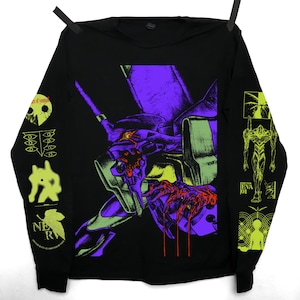 May include: Black long-sleeve shirt featuring a graphic of a purple and green robot with red accents. The shirt has various neon green and yellow graphics on the sleeves, including the text "EVA 01" and other symbols. The shirt is hanging from a clothesline.