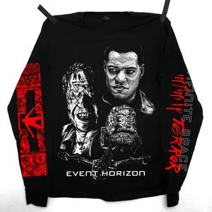May include: Black long-sleeve shirt with a graphic featuring two faces and a mechanical device. The text "EVENT HORIZON" is below the images. The sleeve has red text and a red design.