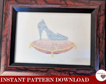 Cinderella Princess Glass Slipper Cushion | Blackwork Cross Stitch Pattern | Instant Digital PDF Download