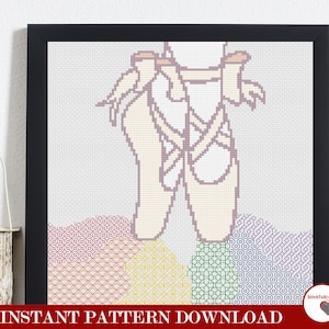 Teste padrão do bordado de Blackwork do arco-íris dos chinelos de balé da lona | Sapatilhas de ponto cruz para dança | Download instantâneo de PDF digital