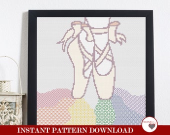 Canvas Ballet Slippers Rainbow Blackwork Embroidery Pattern | Dance Cross Stitch Pointe Shoes | Instant Digital PDF Download
