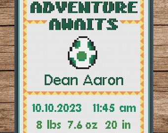 Yoshi Boy Birth Announcement Cross Stitch Pattern (Digital PDF Download)