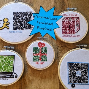 Custom Cross-Stitch QR Wi-Fi Code in Hoop | Personalized Handmade Cross-Stitched Wall Hanging | Vrbo, Airbnb, Houseguests Scan for Internet