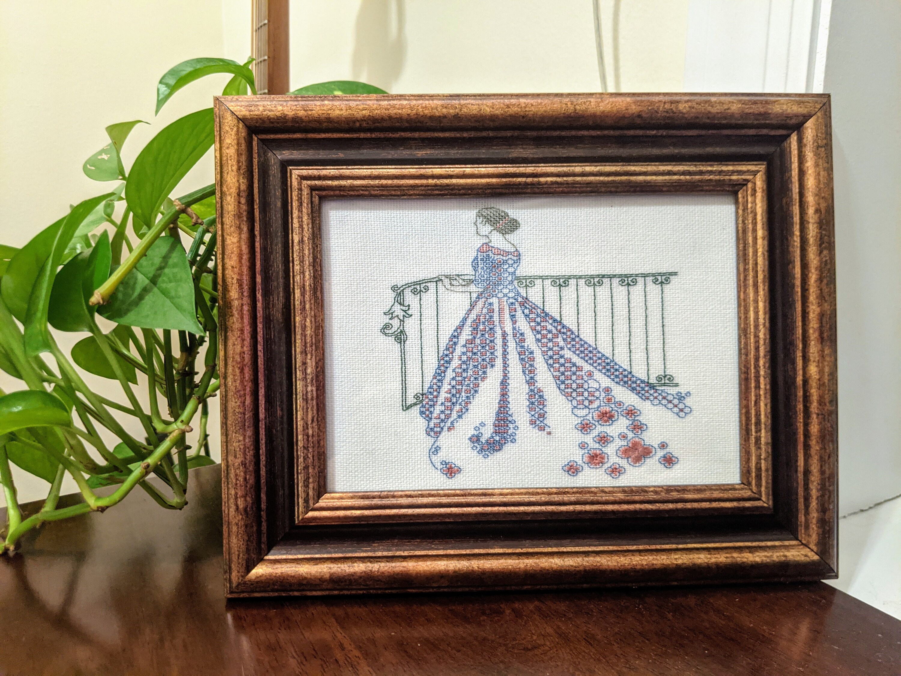 Woman on Balcony Hand-sewn Cross-stitch Blackwork Embroidery - Etsy