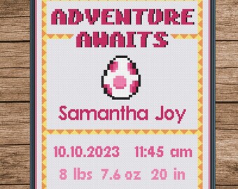 Yoshi Girl Birth Announcement Cross Stitch Pattern (Digital PDF Download)