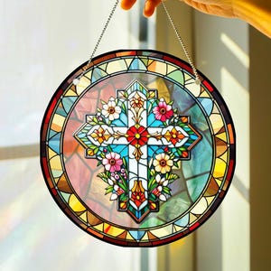 Stained Glass Cross Wildflowers Suncatcher - Flower Cross Gift For Religious Easter Faith Cross Home Decor - Christian Glass Windows Hanging