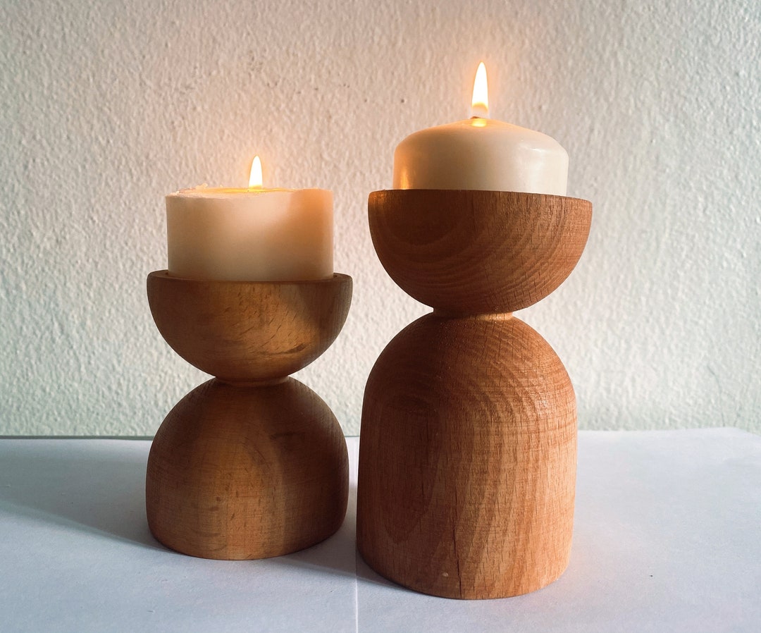 Wooden Candlestick Holders for Taper Candles Set of 3 | Luxury Wood Candle  Holders with Gold Cups and Decorative Wooden Cubes | Fireplace Candle