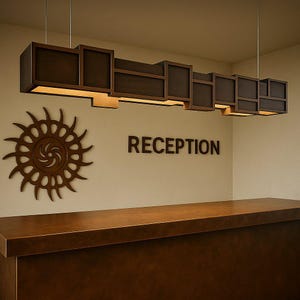 Puede incluir: Una moderna luminaria rectangular con acabado marrón cuelga sobre un mostrador de recepción. La luminaria está compuesta por múltiples paneles rectangulares, algunos de los cuales están iluminados. La palabra "RECEPTION" se muestra en la pared detrás del mostrador.