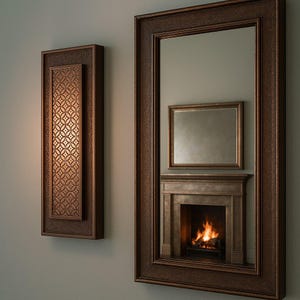 May include: A rectangular wall sconce with a geometric pattern and a warm light emanating from behind the glass. The sconce is mounted on a wall next to a large framed mirror reflecting a fireplace with a roaring fire.