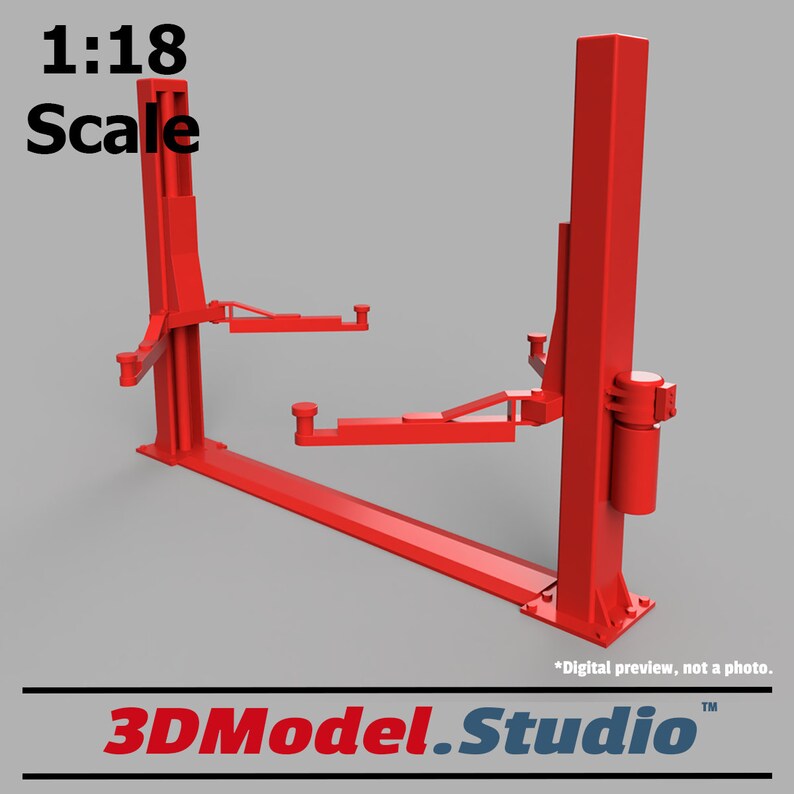 Puede incluir: Modelo rojo a escala 1:18 de un elevador de coches de dos postes. El elevador est&aacute; en posici&oacute;n elevada con los brazos extendidos.