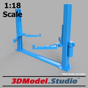 Puede incluir: Un modelo azul de elevador de dos postes para coches a escala 1:18. El elevador est&aacute; en posici&oacute;n elevada con los brazos extendidos. El modelo est&aacute; hecho de pl&aacute;stico y es adecuado para su uso en un garaje o taller de modelos.