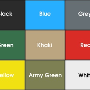 Puede incluir: Una tabla de colores con nueve cuadrados que muestran diferentes colores. Los colores son negro, azul, gris, verde, caqui, rojo, amarillo, verde militar y blanco.